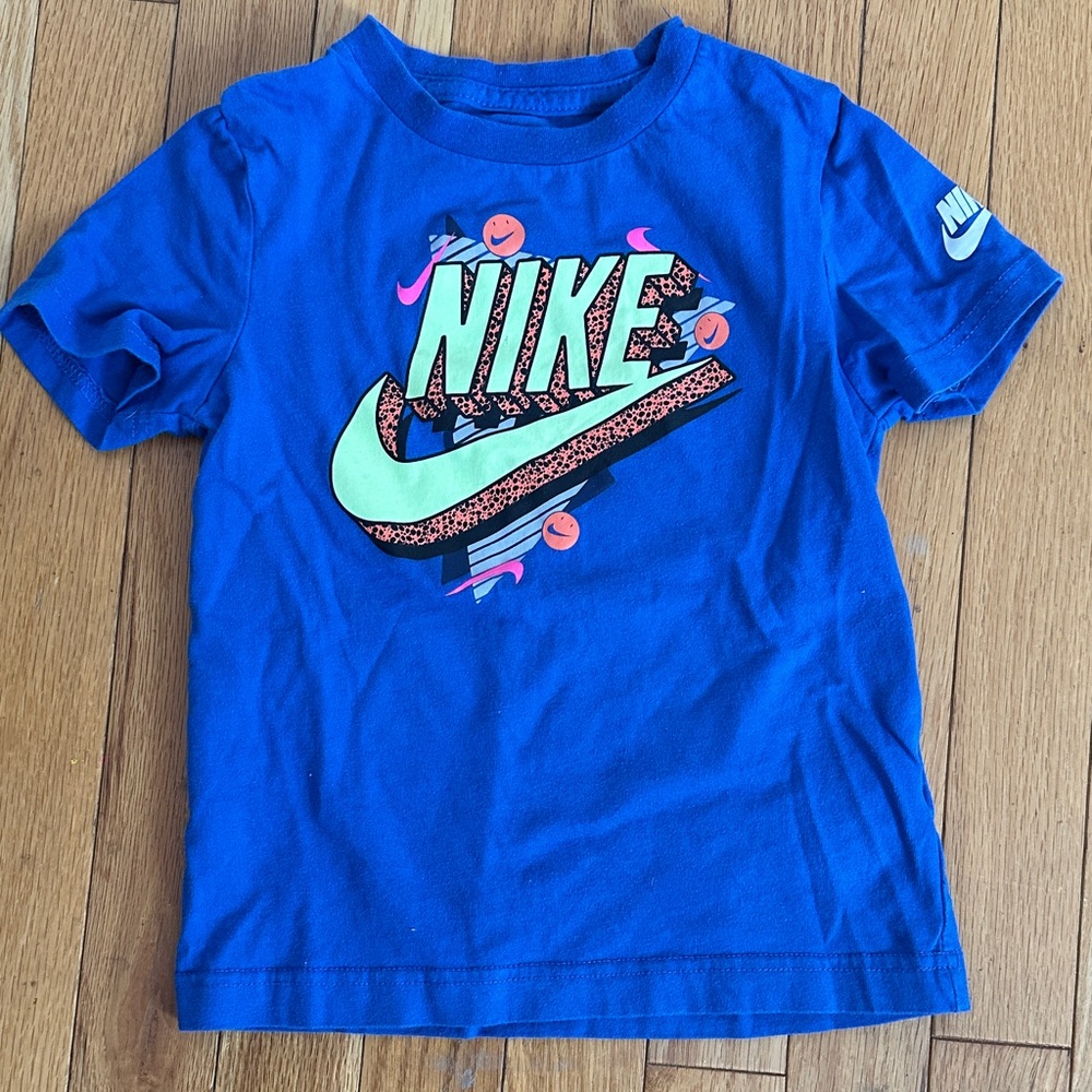 Nike Bright Blue Kids Graphic Tee with Neon Logo